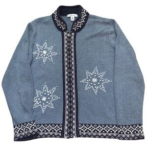 Vintage THE TOG SHOP Womens Sz M Button Up Snowflake Sweater Blue Embroidered